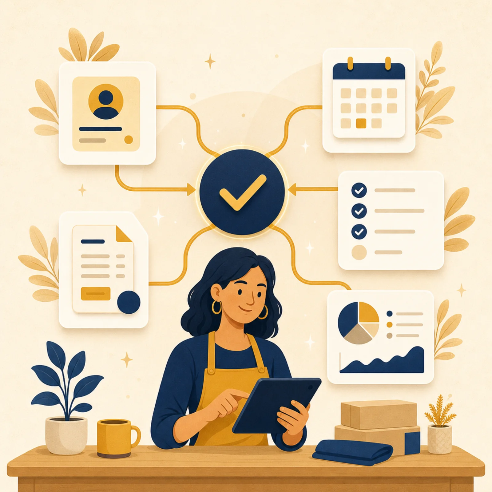 Illustration of a business owner using a tablet while customer records, calendars, invoices, tasks and reports connect through one central system