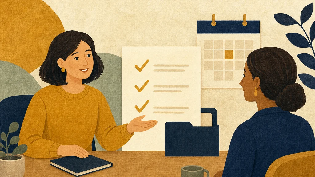 Cream, gold and navy illustration of a business owner welcoming a client with an organised checklist, folder and calendar
