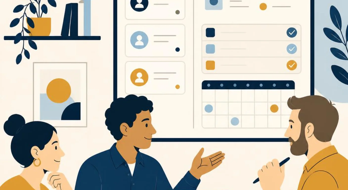 Cream, navy and gold illustration of three colleagues discussing a CRM dashboard with customer records, tasks and a calendar