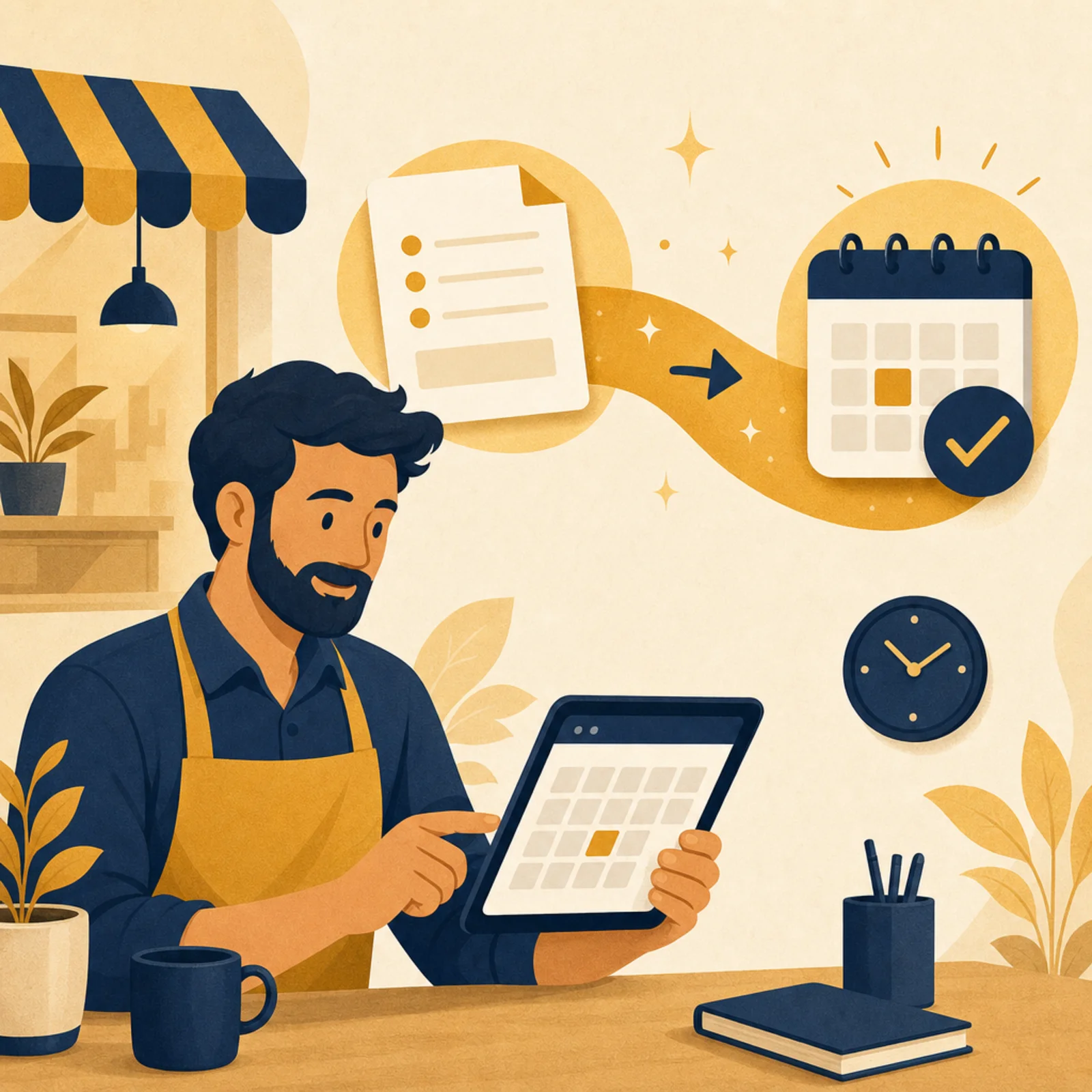 Illustration of a service business owner turning a website enquiry form into a confirmed appointment on a calendar