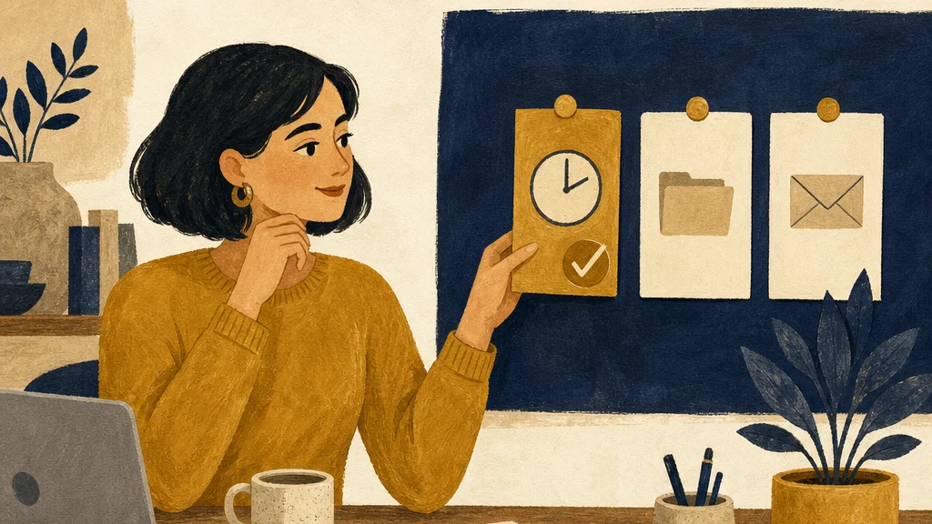 Cream, gold and navy illustration of a business owner selecting a priority task from a planning board