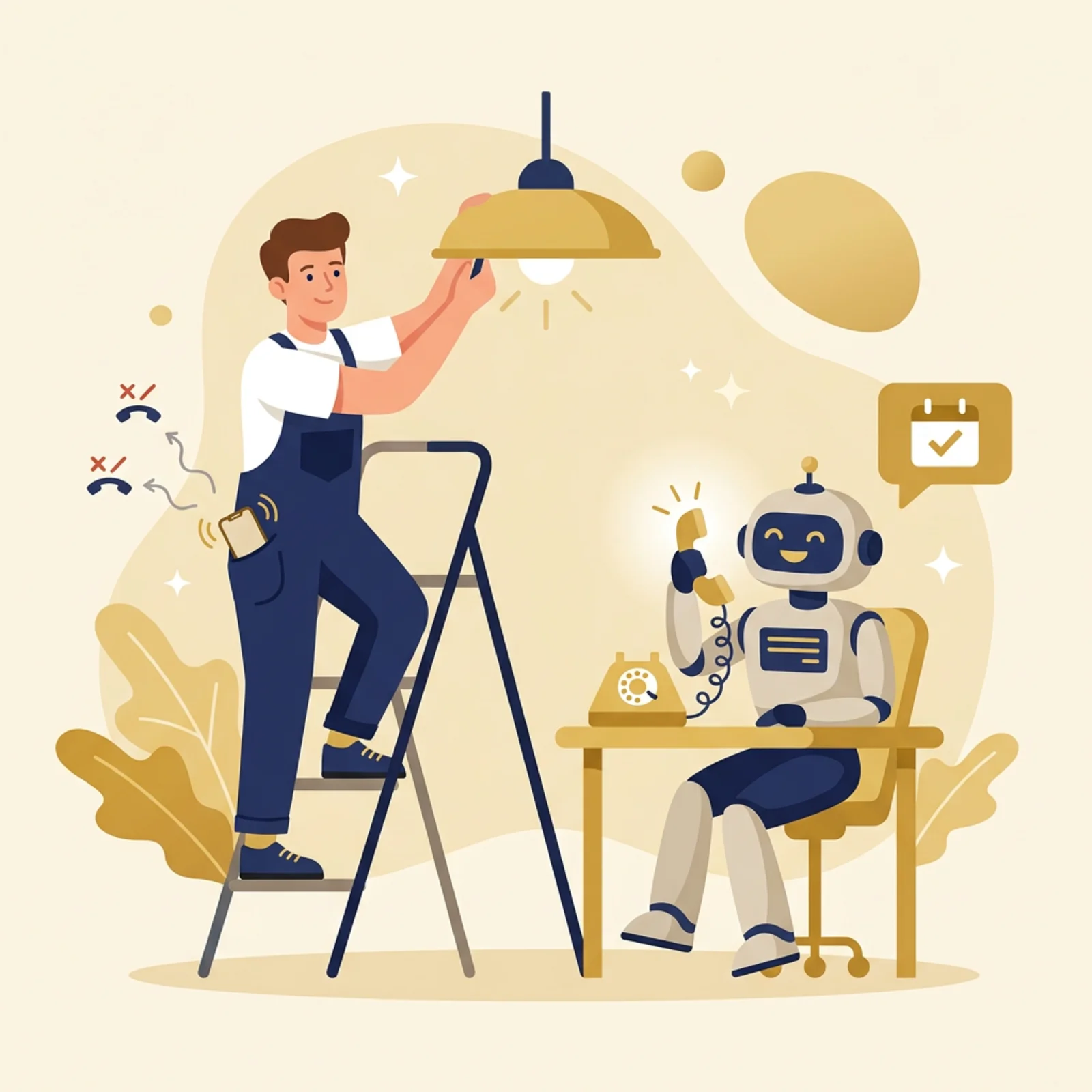 Illustration of a tradesman up a ladder missing calls while a friendly robot receptionist answers the phone and books an appointment