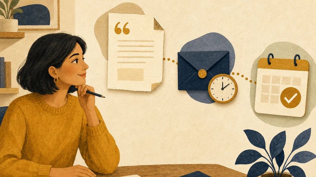 Cream, gold and navy illustration of a business owner managing a quotation, a follow-up email and a confirmed booking