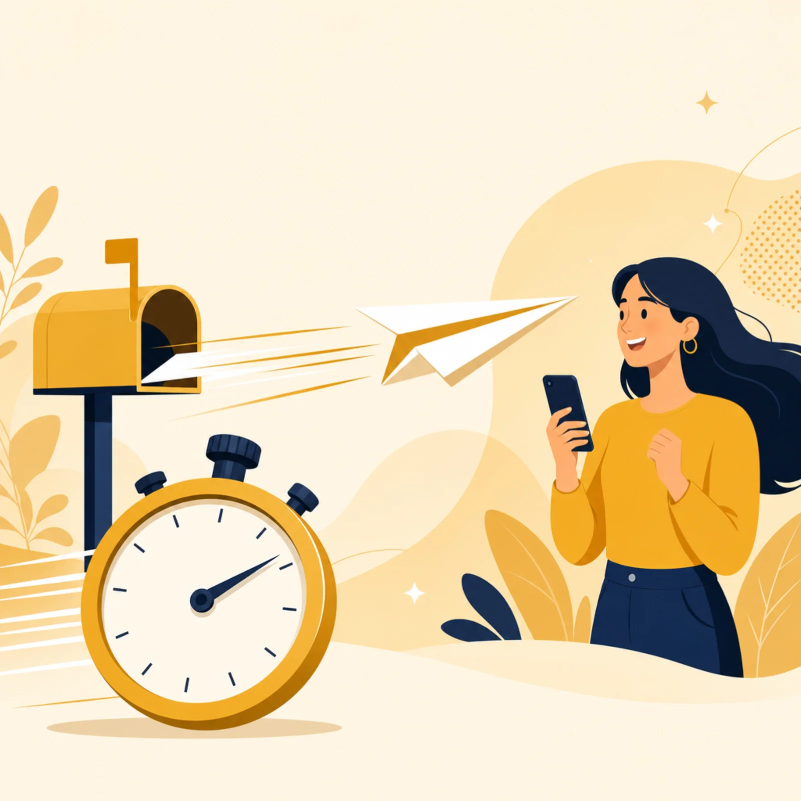 Illustration of a stopwatch and a paper aeroplane flying from a letterbox to a smiling customer checking her phone, representing fast lead follow-up