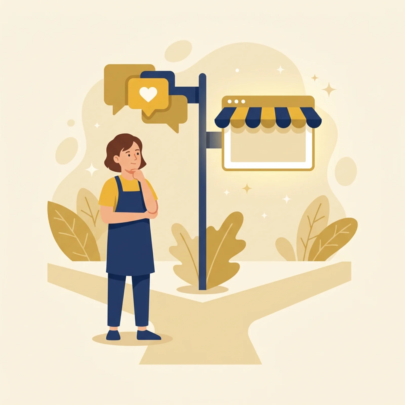 Illustration of a small business owner at a signpost choosing between social media chat bubbles and a glowing browser window shaped like a storefront